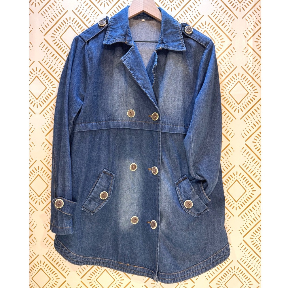 Denim Trench Coat Jacket Women L Double Breasted Cotton 70s Style Spring Layer